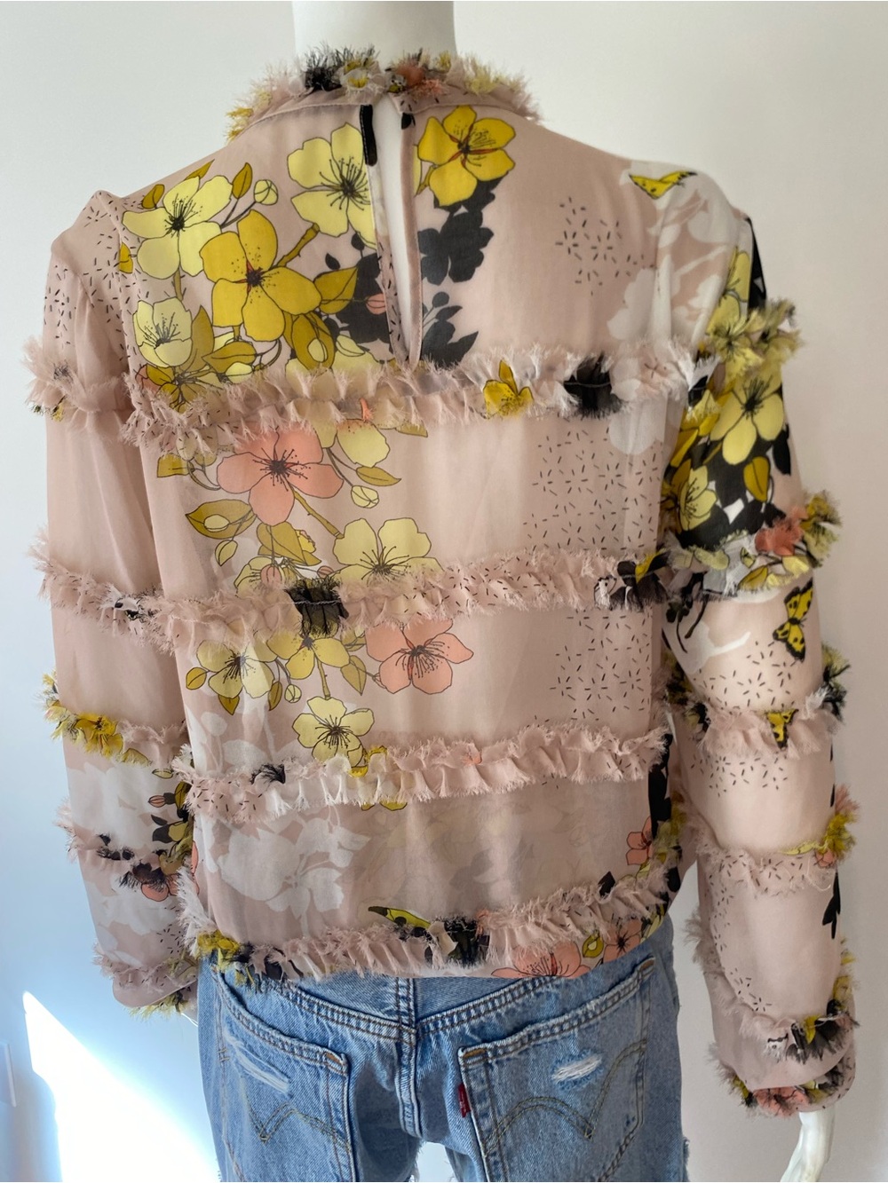 Guess Blush Sheer Floral Ruffle Blouse - Picture 7 of 9